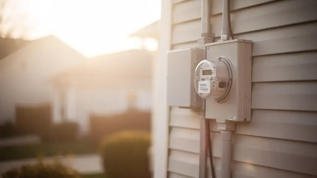 An electric meter and service entrance on the siding of a house in late sun