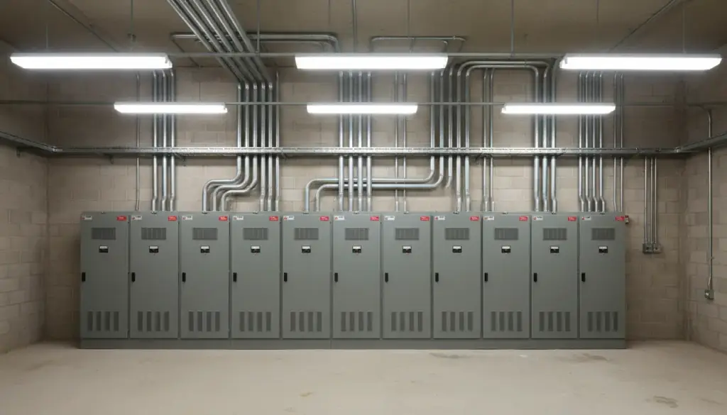 A commercial electrical room with grey switchgear and parallel galvanized conduit runs