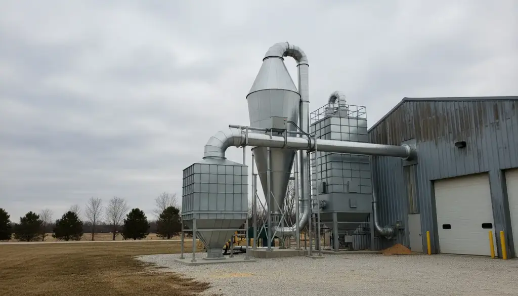 A galvanized cyclone and baghouse dust collector with spiral ductwork running into a metal plant building