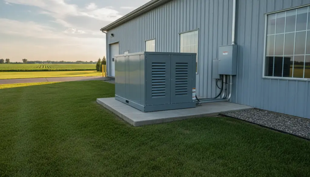 A grey standby generator on a concrete pad beside a metal building, with a transfer switch on the wall
