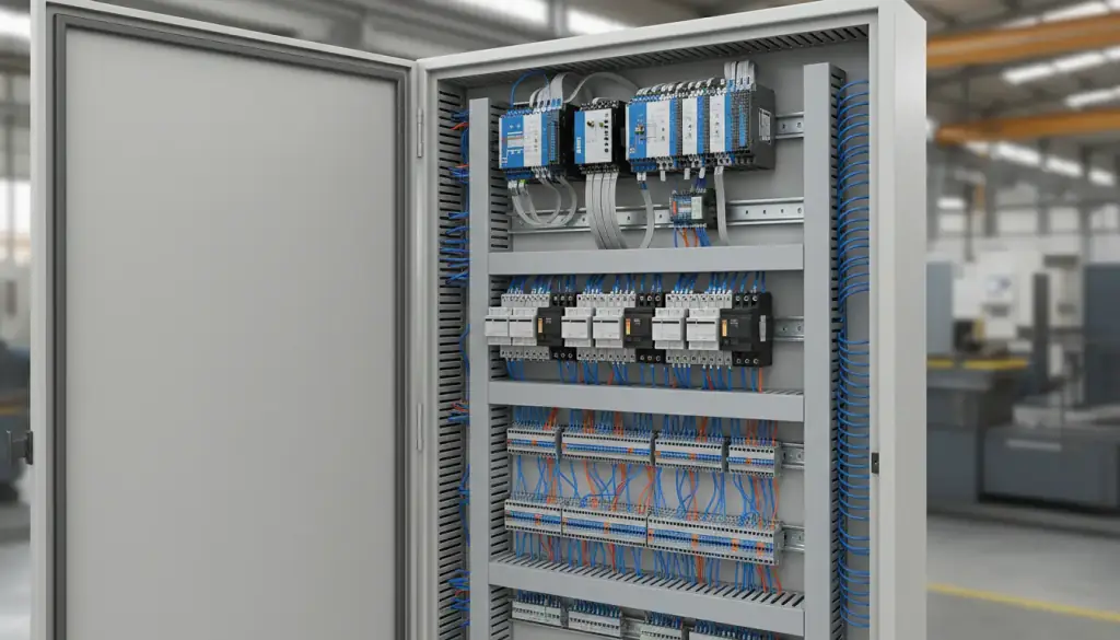An open motor control cabinet with controllers, contactors and combed control wiring