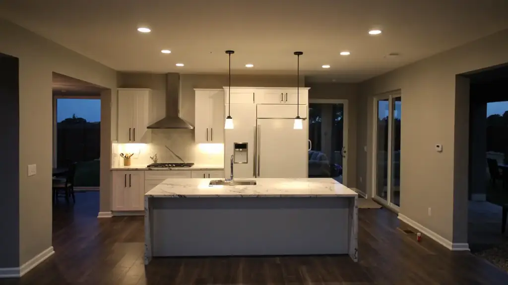 A kitchen lit by recessed cans and two pendants over the island