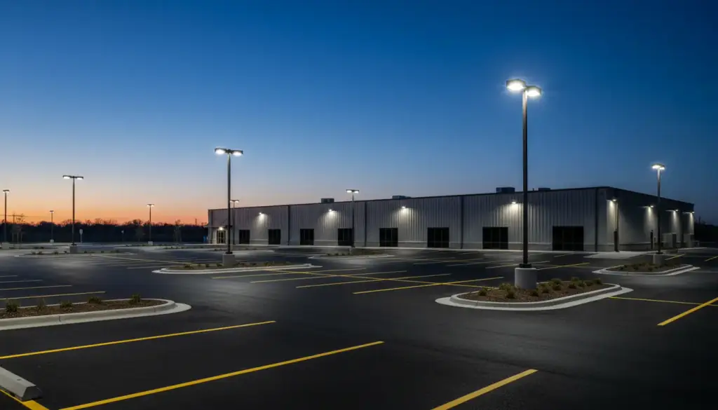 A commercial parking lot at dusk lit by tall steel poles with LED fixtures