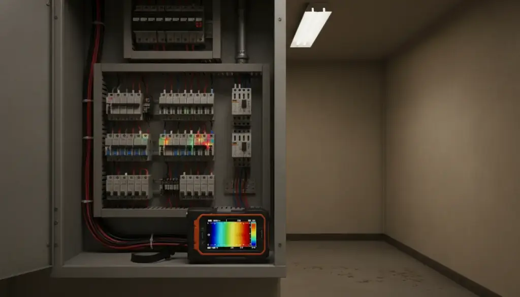 A thermal imaging camera in an open distribution panel showing a heat map of the breakers